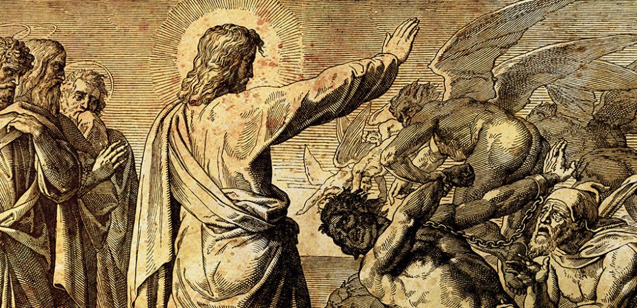 Jesus restores possesed man, graphic collage from engraving of Nazareene School, published in The Holy Bible, St.Vojtech Publishing, Trnava, Slovakia, 1937.